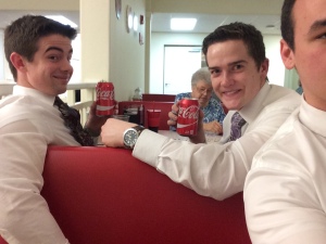 Elder White and I doing service at a retirement home. We played games with the residents and it was happy hour so we got Cokes.  